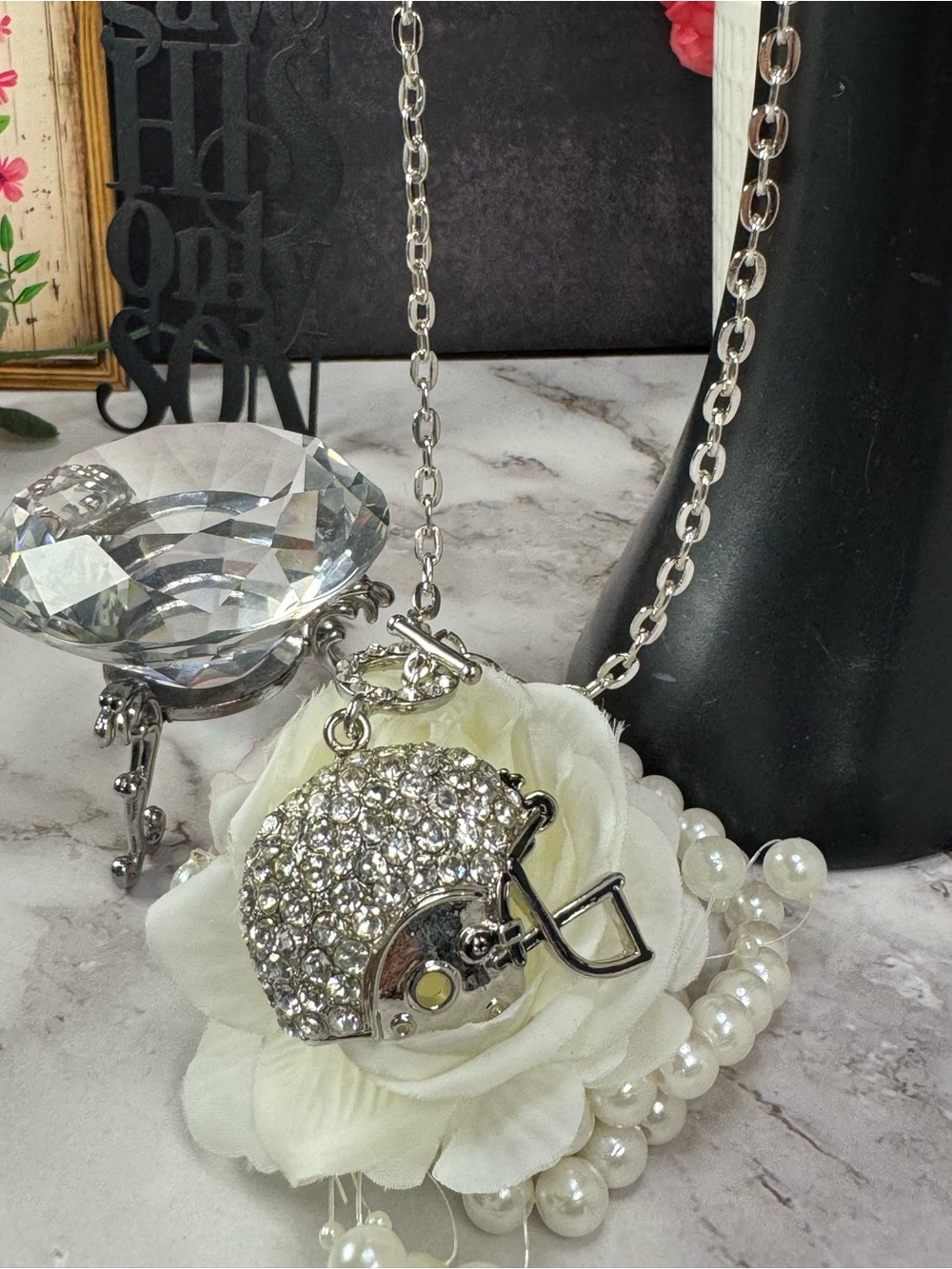 Rhinestone Football Helmet Pendant Necklace - Silver